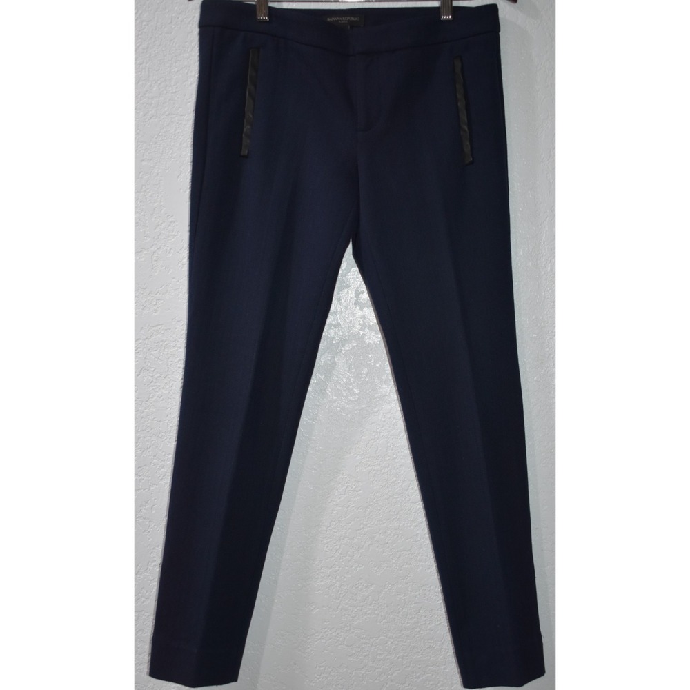 Banana Republic Sz 6 Sloan Navy Herringbone Slim Ankle Faux Leather Dress Pant